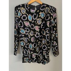 Vintage Simon Sez Women Blouse Med 9/10 Metallic Peplum 80s Glam Shimmer Top USA